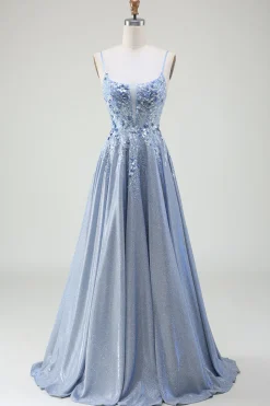 Glitter A-Line Esparguete Correias Cinzento Azul Vestido de Baile