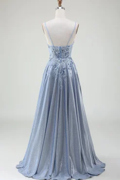 Glitter A-Line Esparguete Correias Cinzento Azul Vestido de Baile