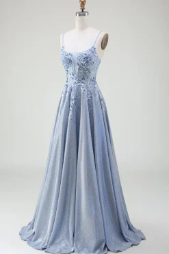 Glitter A-Line Esparguete Correias Cinzento Azul Vestido de Baile