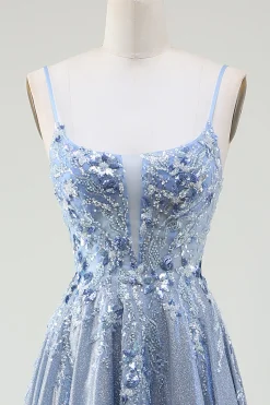 Glitter A-Line Esparguete Correias Cinzento Azul Vestido de Baile