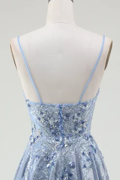 Glitter A-Line Esparguete Correias Cinzento Azul Vestido de Baile