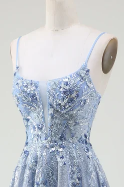 Glitter A-Line Esparguete Correias Cinzento Azul Vestido de Baile