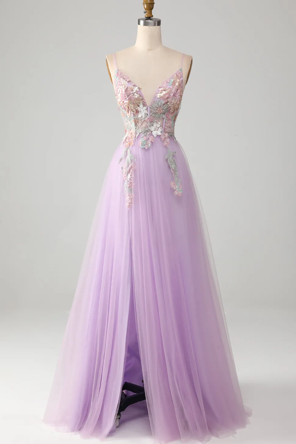 Glitter A-Line Esparguete Correias Lilás Longo Vestido de Baile com Flores
