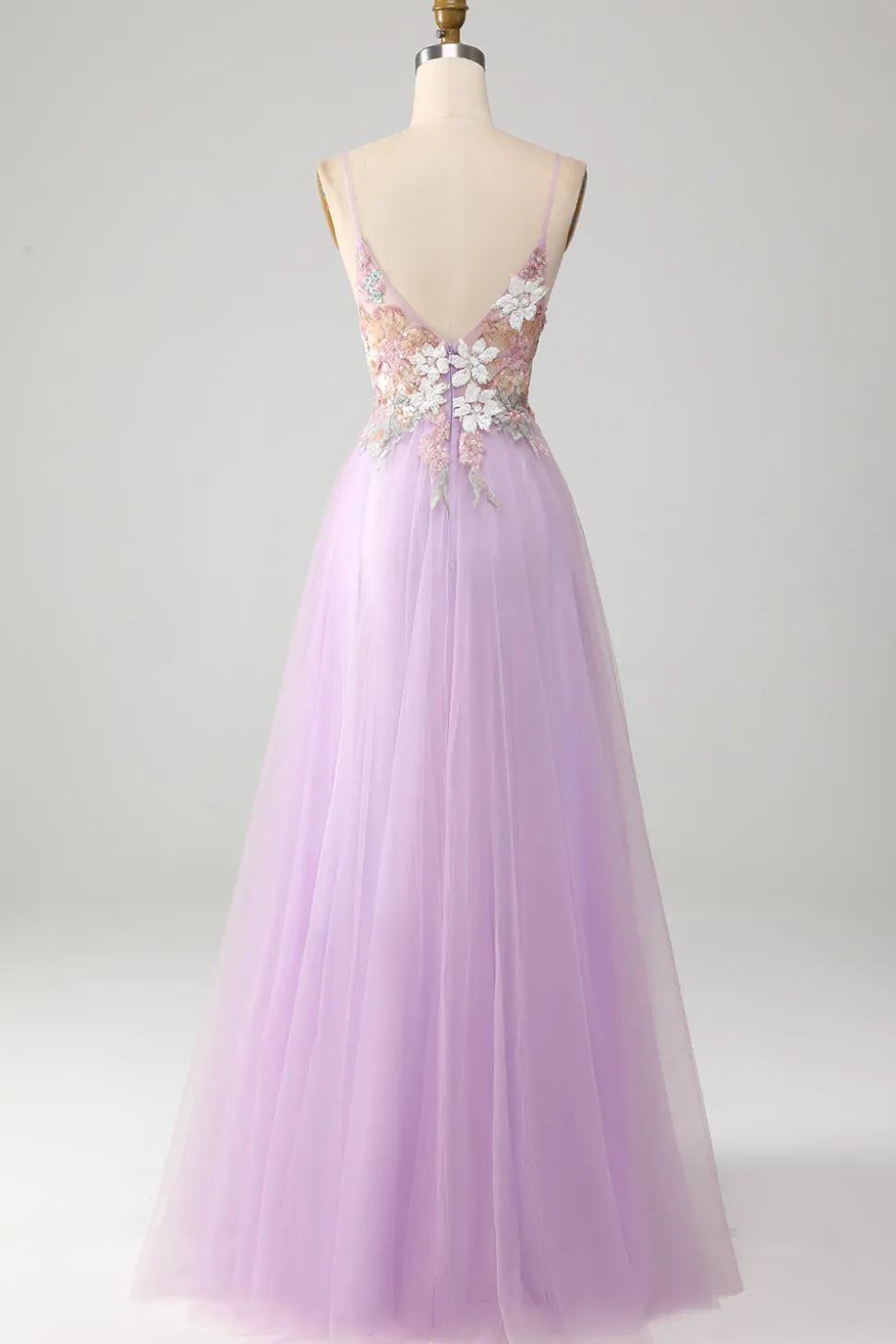Glitter A-Line Esparguete Correias Lilás Longo Vestido de Baile com Flores
