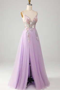 Glitter A-Line Esparguete Correias Lilás Longo Vestido de Baile com Flores