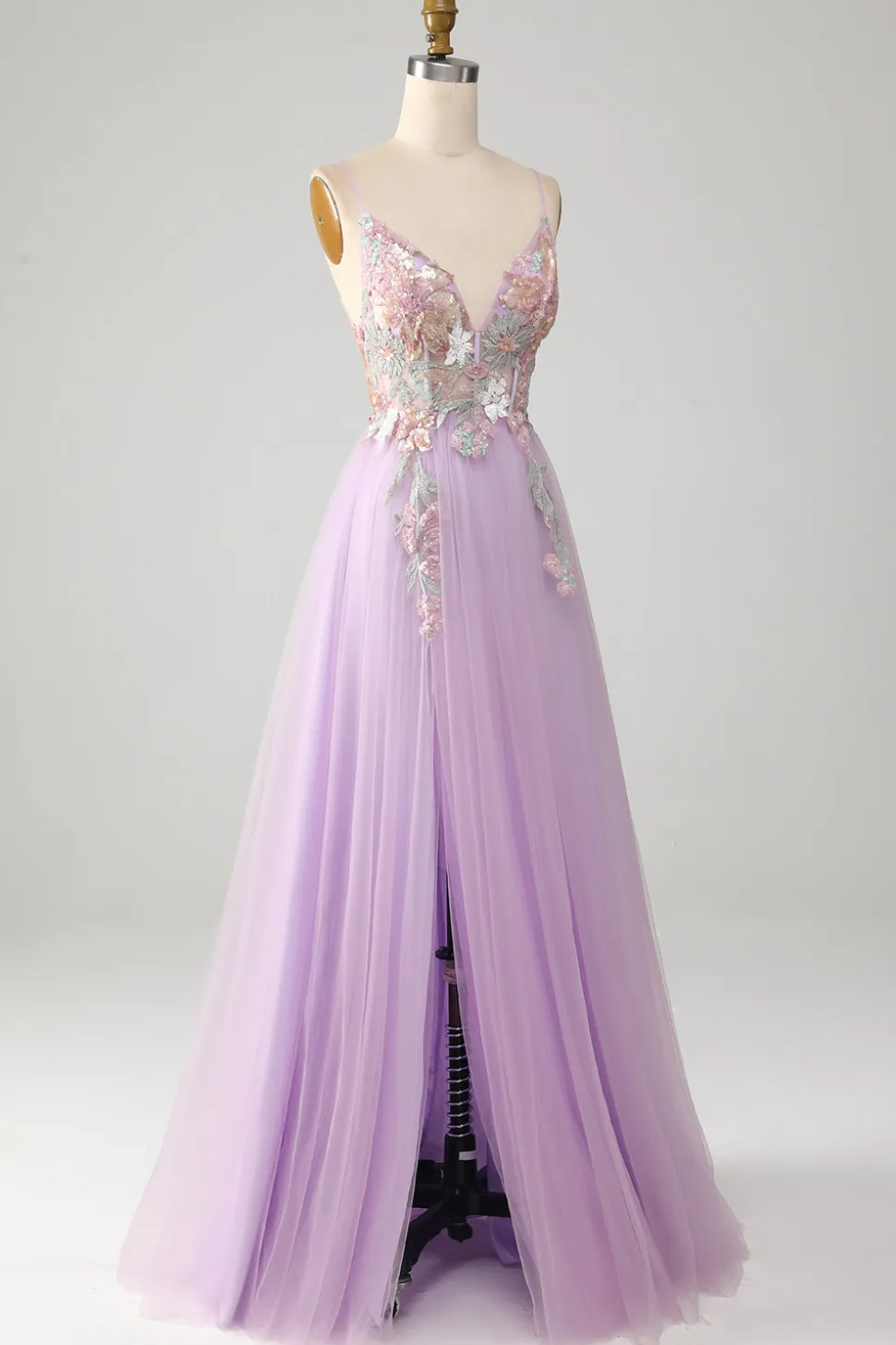 Glitter A-Line Esparguete Correias Lilás Longo Vestido de Baile com Flores