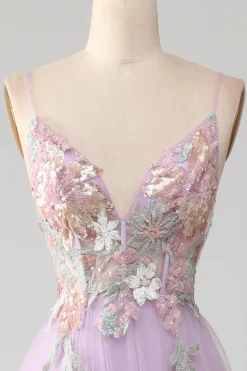 Glitter A-Line Esparguete Correias Lilás Longo Vestido de Baile com Flores