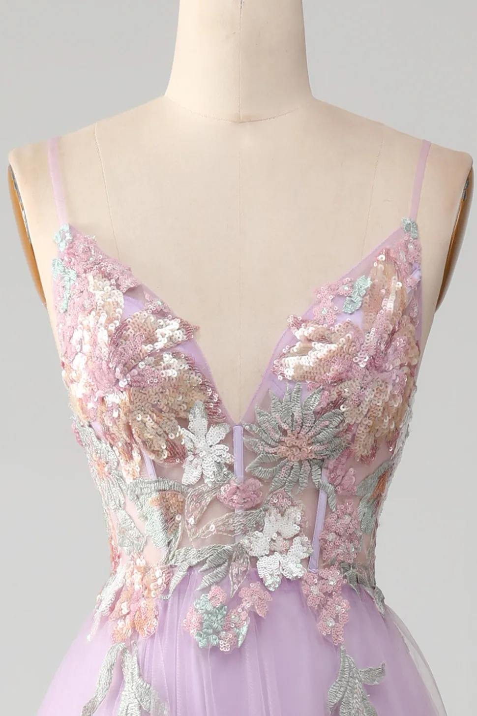 Glitter A-Line Esparguete Correias Lilás Longo Vestido de Baile com Flores