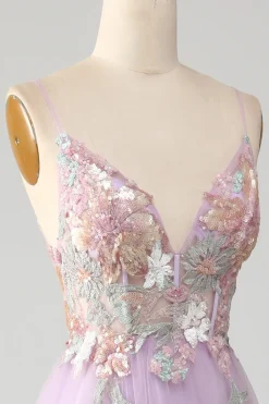 Glitter A-Line Esparguete Correias Lilás Longo Vestido de Baile com Flores
