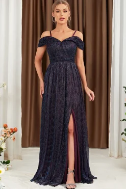 Glitter A-Line vestido roxo baile de formatura com ombro