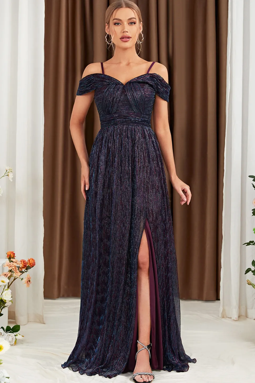 Glitter A-Line vestido roxo baile de formatura com ombro