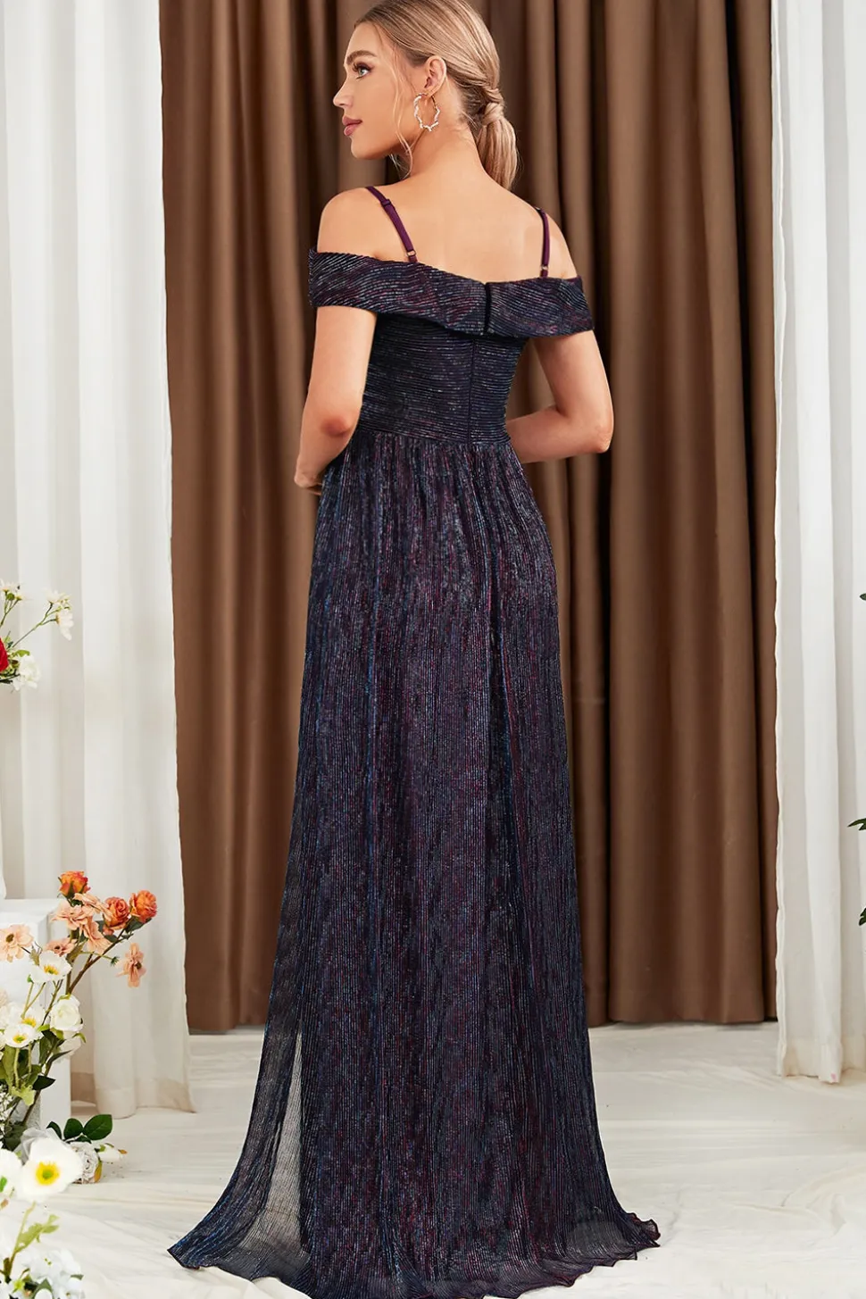 Glitter A-Line vestido roxo baile de formatura com ombro