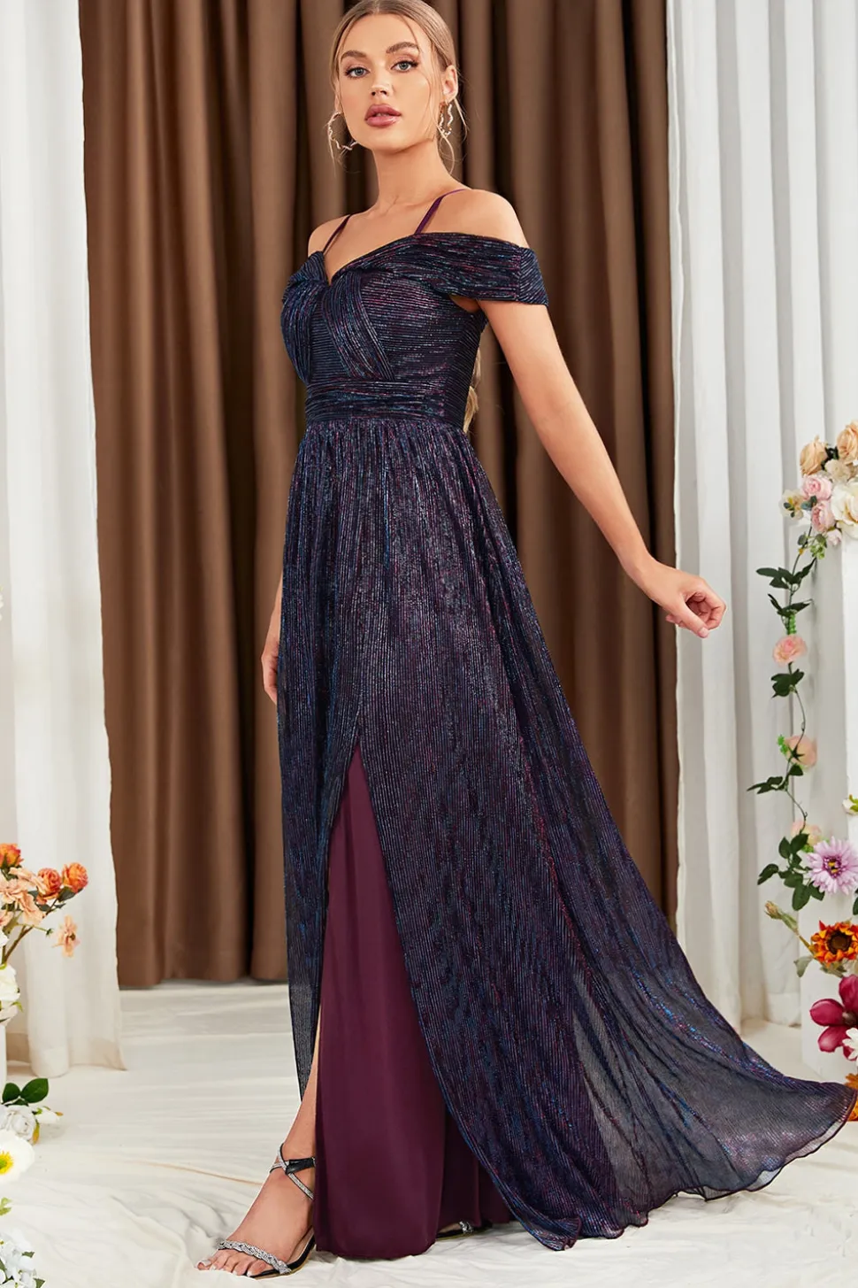 Glitter A-Line vestido roxo baile de formatura com ombro
