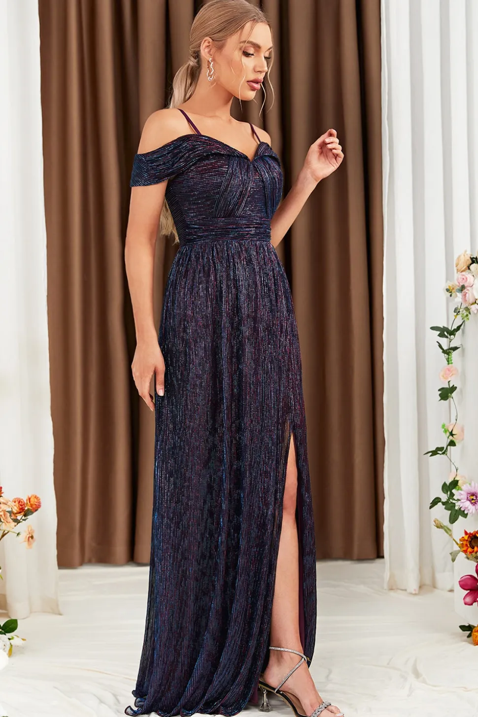 Glitter A-Line vestido roxo baile de formatura com ombro