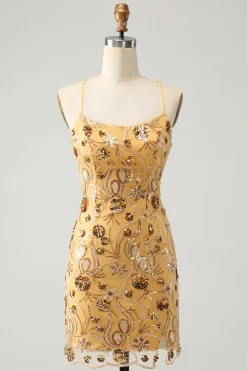 Glitter Amarelo Selim Bordado Apertado Curto Homecoming Dress com Missangas