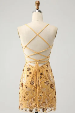 Glitter Amarelo Selim Bordado Apertado Curto Homecoming Dress com Missangas