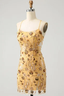 Glitter Amarelo Selim Bordado Apertado Curto Homecoming Dress com Missangas