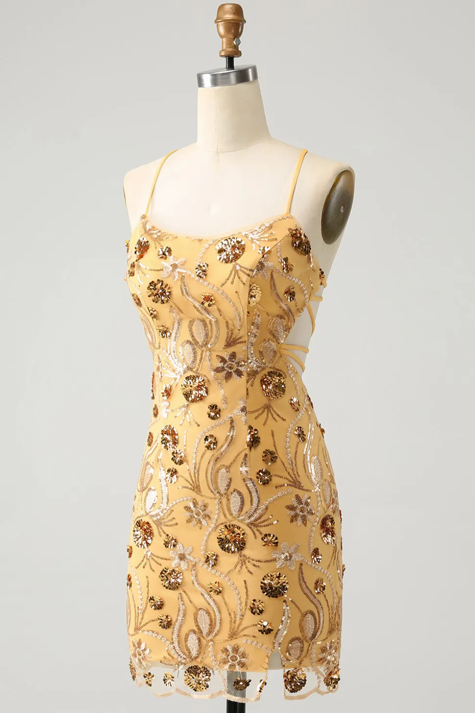 Glitter Amarelo Selim Bordado Apertado Curto Homecoming Dress com Missangas