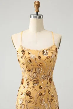 Glitter Amarelo Selim Bordado Apertado Curto Homecoming Dress com Missangas