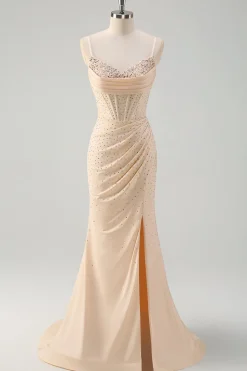 Glitter Amarelo Sereia Esparguete Correias Frisado Espartilho Longo Vestido de Baile com Fenda