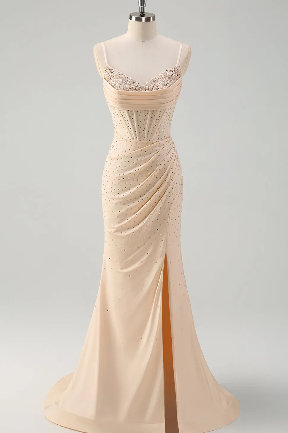 Glitter Amarelo Sereia Esparguete Correias Frisado Espartilho Longo Vestido de Baile com Fenda