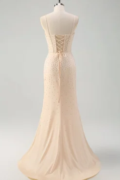 Glitter Amarelo Sereia Esparguete Correias Frisado Espartilho Longo Vestido de Baile com Fenda