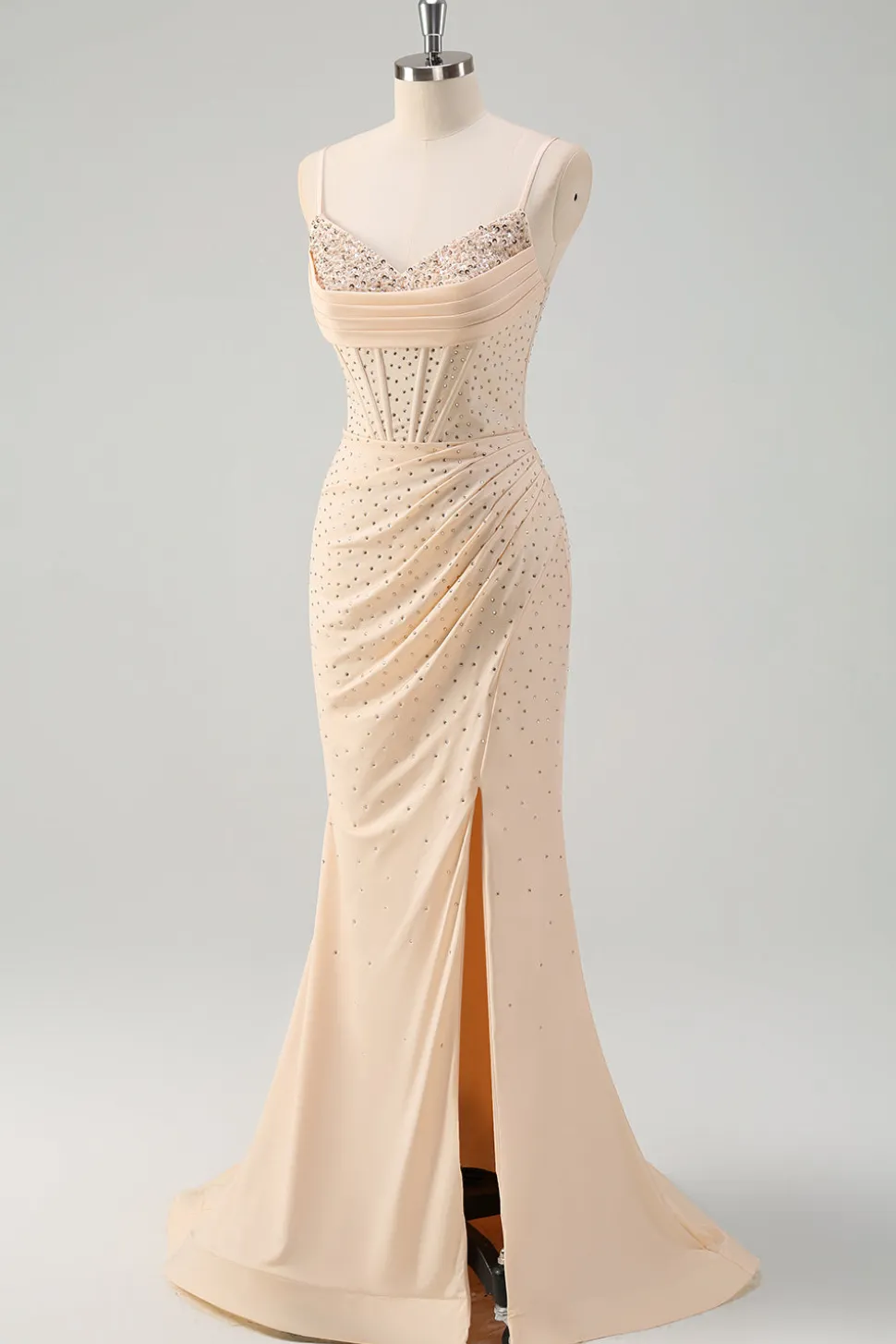 Glitter Amarelo Sereia Esparguete Correias Frisado Espartilho Longo Vestido de Baile com Fenda