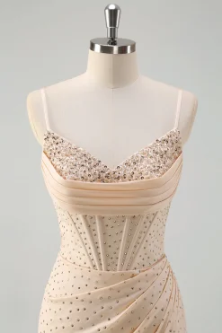 Glitter Amarelo Sereia Esparguete Correias Frisado Espartilho Longo Vestido de Baile com Fenda