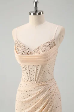 Glitter Amarelo Sereia Esparguete Correias Frisado Espartilho Longo Vestido de Baile com Fenda