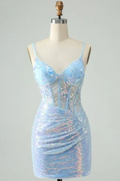 Glitter Azul Claro Apertado Esparguete Correias Vestido Curto Homecoming com Sequins