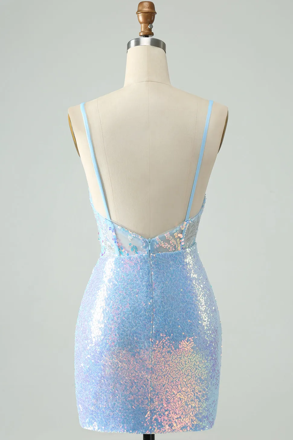 Glitter Azul Claro Apertado Esparguete Correias Vestido Curto Homecoming com Sequins