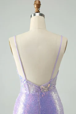 Glitter Azul Claro Apertado Esparguete Correias Vestido Curto Homecoming com Sequins