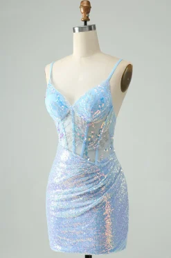Glitter Azul Claro Apertado Esparguete Correias Vestido Curto Homecoming com Sequins