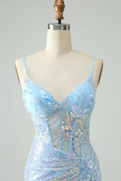 Glitter Azul Claro Apertado Esparguete Correias Vestido Curto Homecoming com Sequins