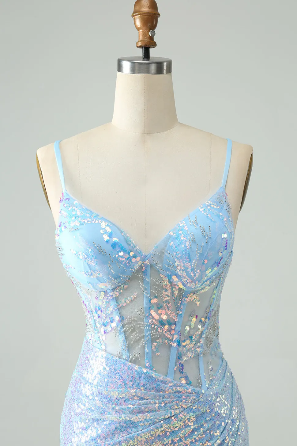Glitter Azul Claro Apertado Esparguete Correias Vestido Curto Homecoming com Sequins