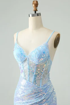 Glitter Azul Claro Apertado Esparguete Correias Vestido Curto Homecoming com Sequins