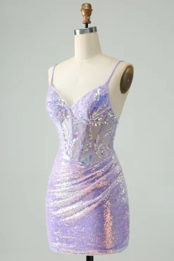Glitter Azul Claro Apertado Esparguete Correias Vestido Curto Homecoming com Sequins
