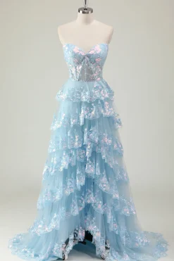 Glitter Azul Uma Linha Strapless Sequin Corset Tiered Long Prom Dress