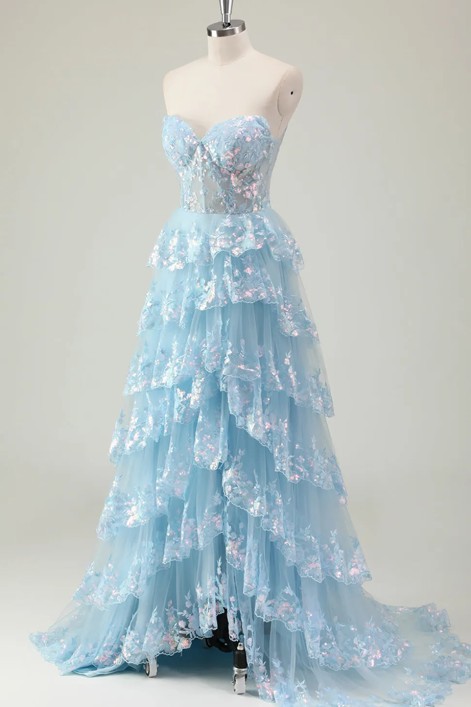 Glitter Azul Uma Linha Strapless Sequin Corset Tiered Long Prom Dress