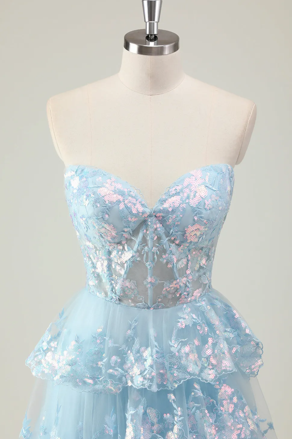 Glitter Azul Uma Linha Strapless Sequin Corset Tiered Long Prom Dress