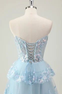 Glitter Azul Uma Linha Strapless Sequin Corset Tiered Long Prom Dress