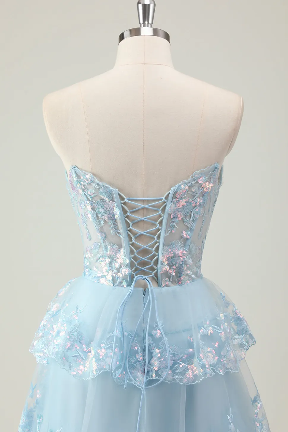 Glitter Azul Uma Linha Strapless Sequin Corset Tiered Long Prom Dress