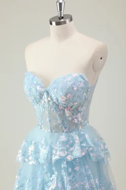 Glitter Azul Uma Linha Strapless Sequin Corset Tiered Long Prom Dress