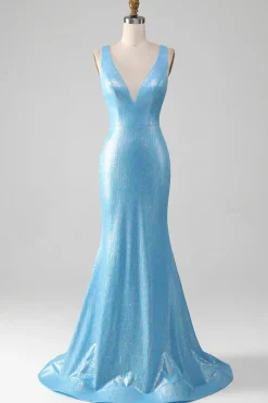 Glitter Azul V-neck Sereia Prom Dress