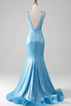Glitter Azul V-neck Sereia Prom Dress