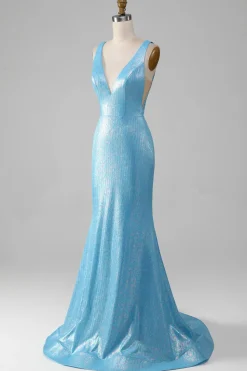 Glitter Azul V-neck Sereia Prom Dress