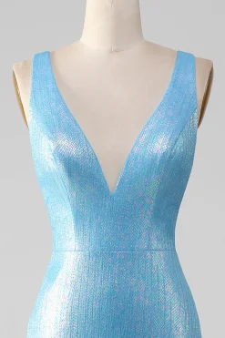 Glitter Azul V-neck Sereia Prom Dress