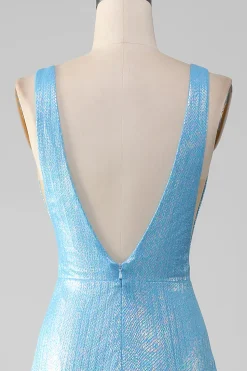 Glitter Azul V-neck Sereia Prom Dress