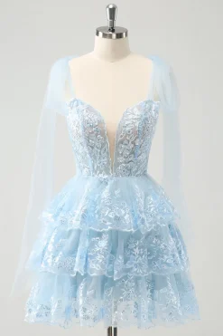 Glitter Blue A Line Bordado Vestido Homecoming Tiered com Apliques