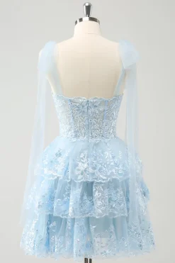 Glitter Blue A Line Bordado Vestido Homecoming Tiered com Apliques